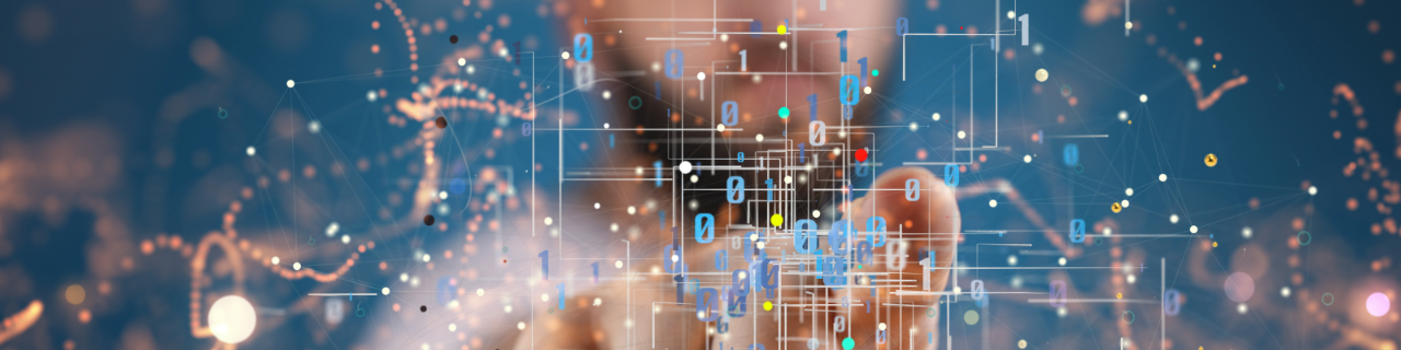 Grafisches Element mit Netzwerk und im Hintergrund Hand und Gesicht eines Mannes